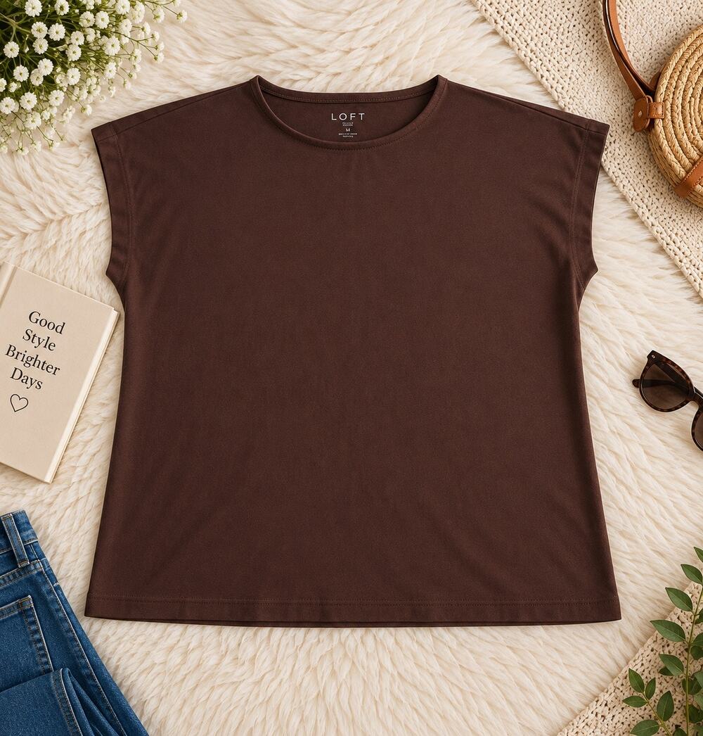 LOFT Women’s L Brown Dolman Sleeve Relaxed T-Shirt Top Minimalist Basic